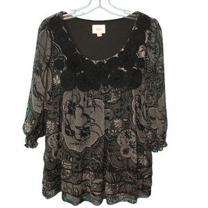 ECI Sheer Blouse Floral Applique Blouse, Black Gray, 6